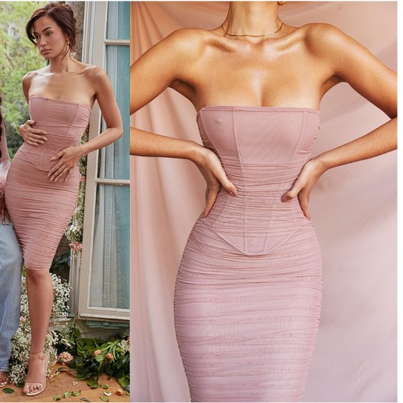 House of CB 'Julianna' Blush Strapless Ruched Midi Dress NWOT - Picture 3 of 12